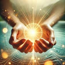 Close-up of palms holding a luminous ball of healing light