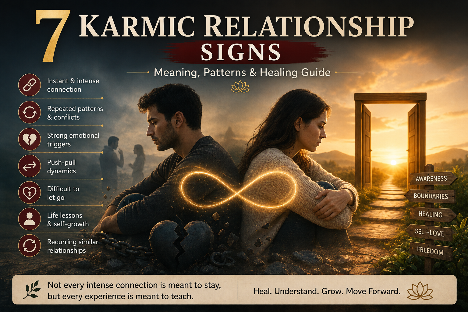 7 karmic relationship signs including intense connection, recurring conflict, emotional triggers, push-pull dynamics and personal growth